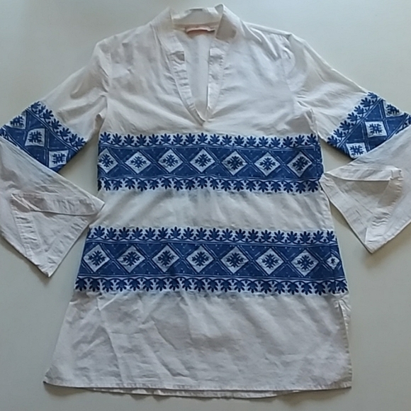 Tory Burch Tops - Tory Burch blue white boho peasant v-neck blouse